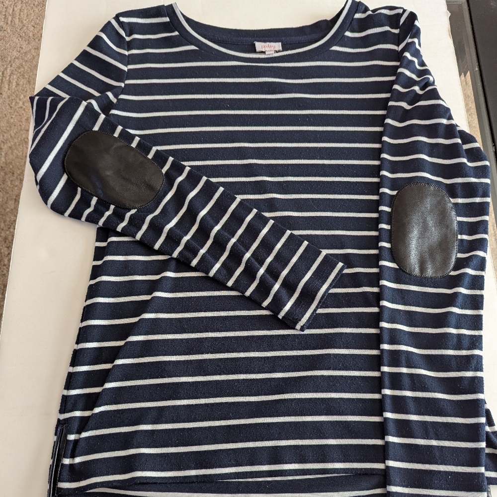 Pixley Greenich Women's L Navy & White Striped Knit Top With Leather Elbow Patch